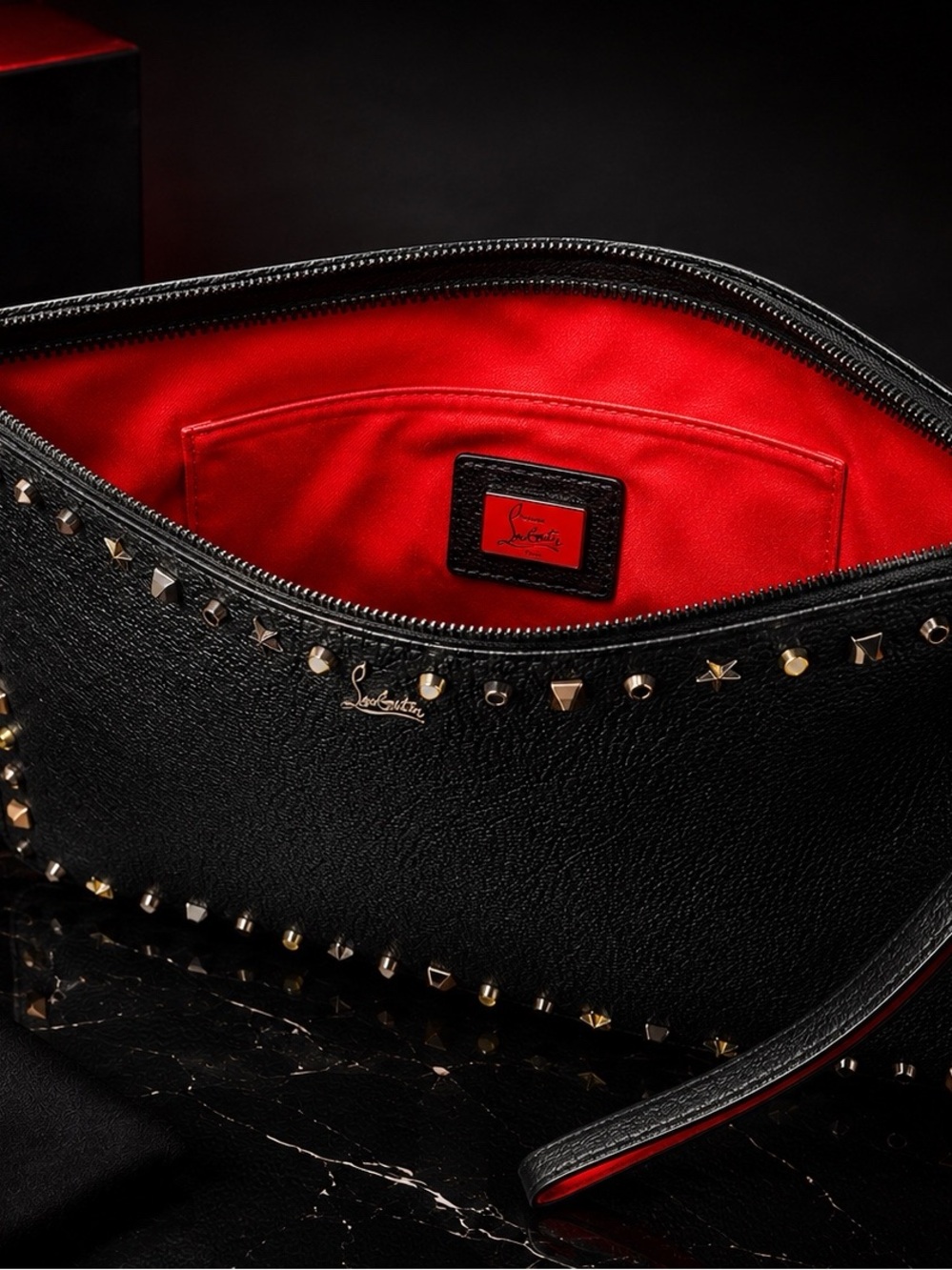 Christian Louboutin Black Studded Leather Wristlet Clutch Chain Pouch Black Red - Picture 4 of 9